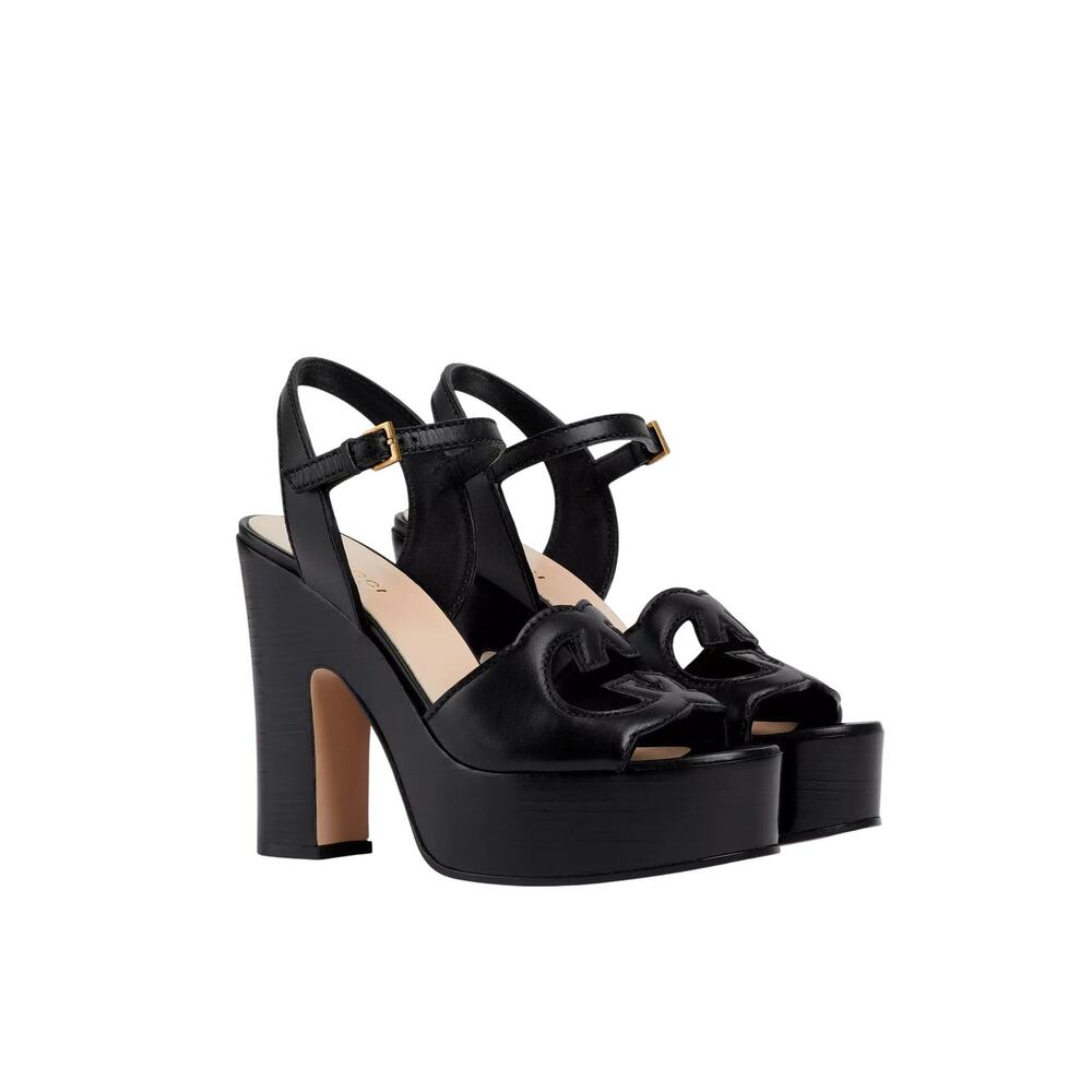 NIB Gucci Interlocking G Cutout Platform Sandal EU 39.5 US 9.5 Black Leather